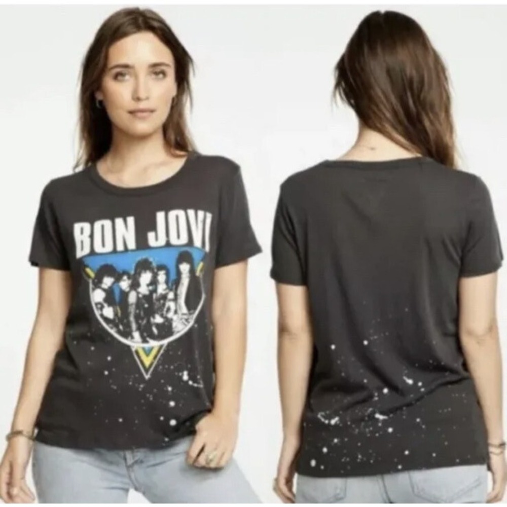 Chaser Bon Jovi Graphic Tee Charcoal Grey Paint Splatter Band T-Shirt Womens L